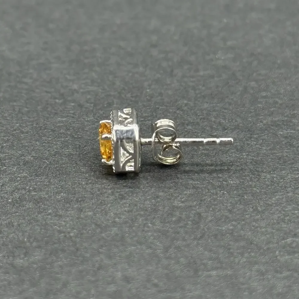 Signed STS 925 Sterling Silver Yellow Citrine Halo Pendant Necklace & Stud Earri